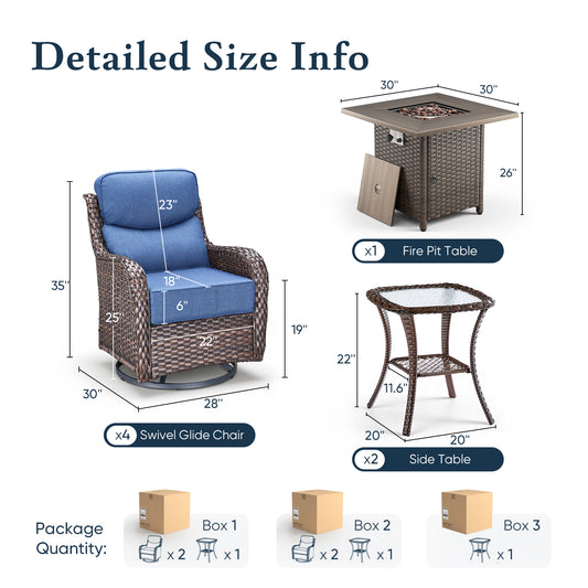 Luxury 6" Thick Cushioned Outdoor Swivel Rocker Chairs Set of 4 with Fire Pit Table