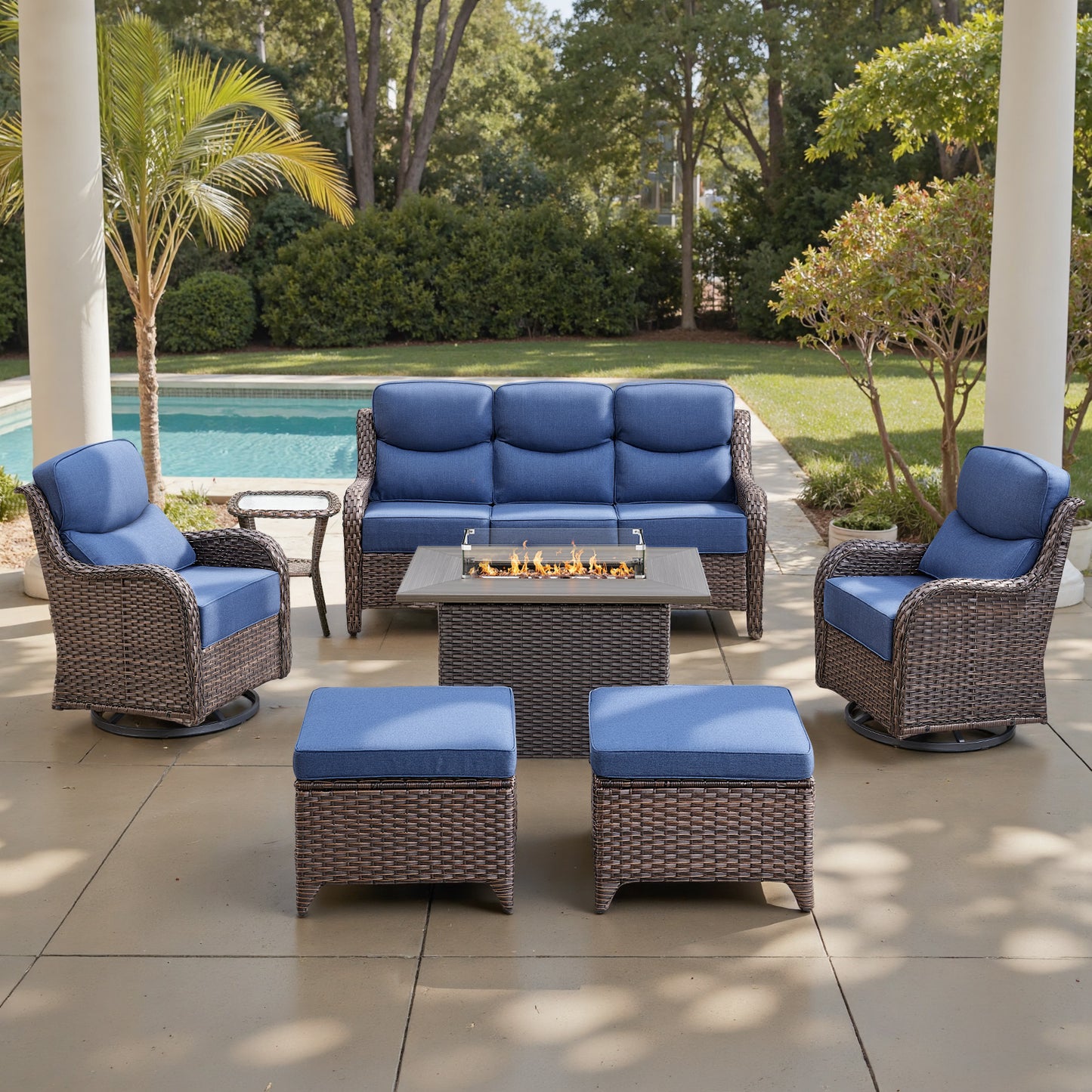Luxury 6" Thick Cushioned 7 Pieces Patio Furniture Set with Fire Pit Table