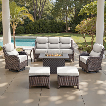 Luxury 6" Thick Cushioned 7 Pieces Patio Furniture Set with Fire Pit Table