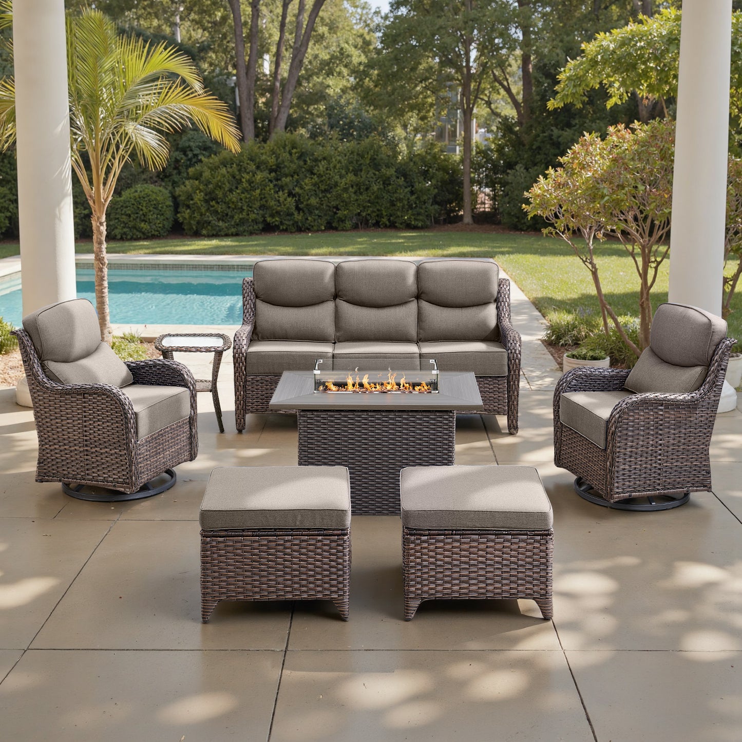 Luxury 6" Thick Cushioned 7 Pieces Patio Furniture Set with Fire Pit Table