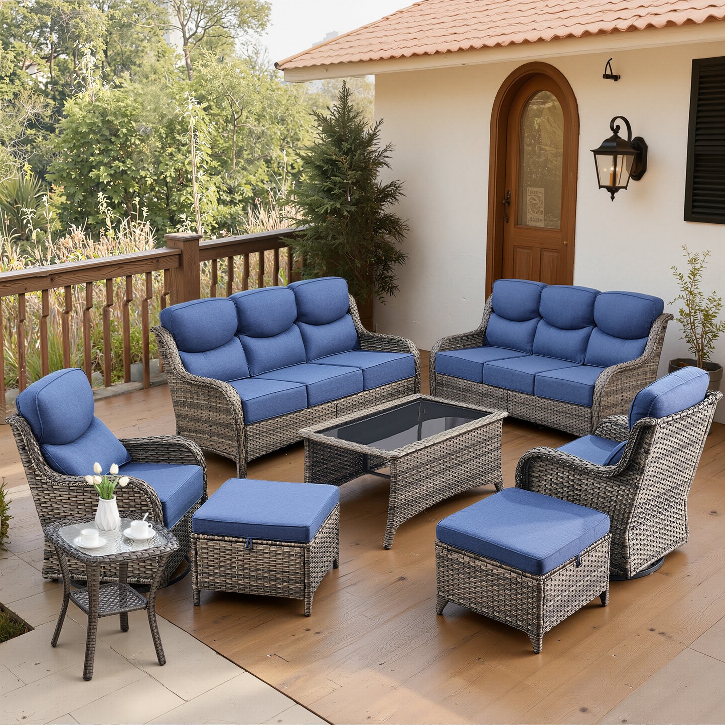 Luxury 6" Thick Cushioned 8 Pieces Patio Furniture Set with Outdoor Couch