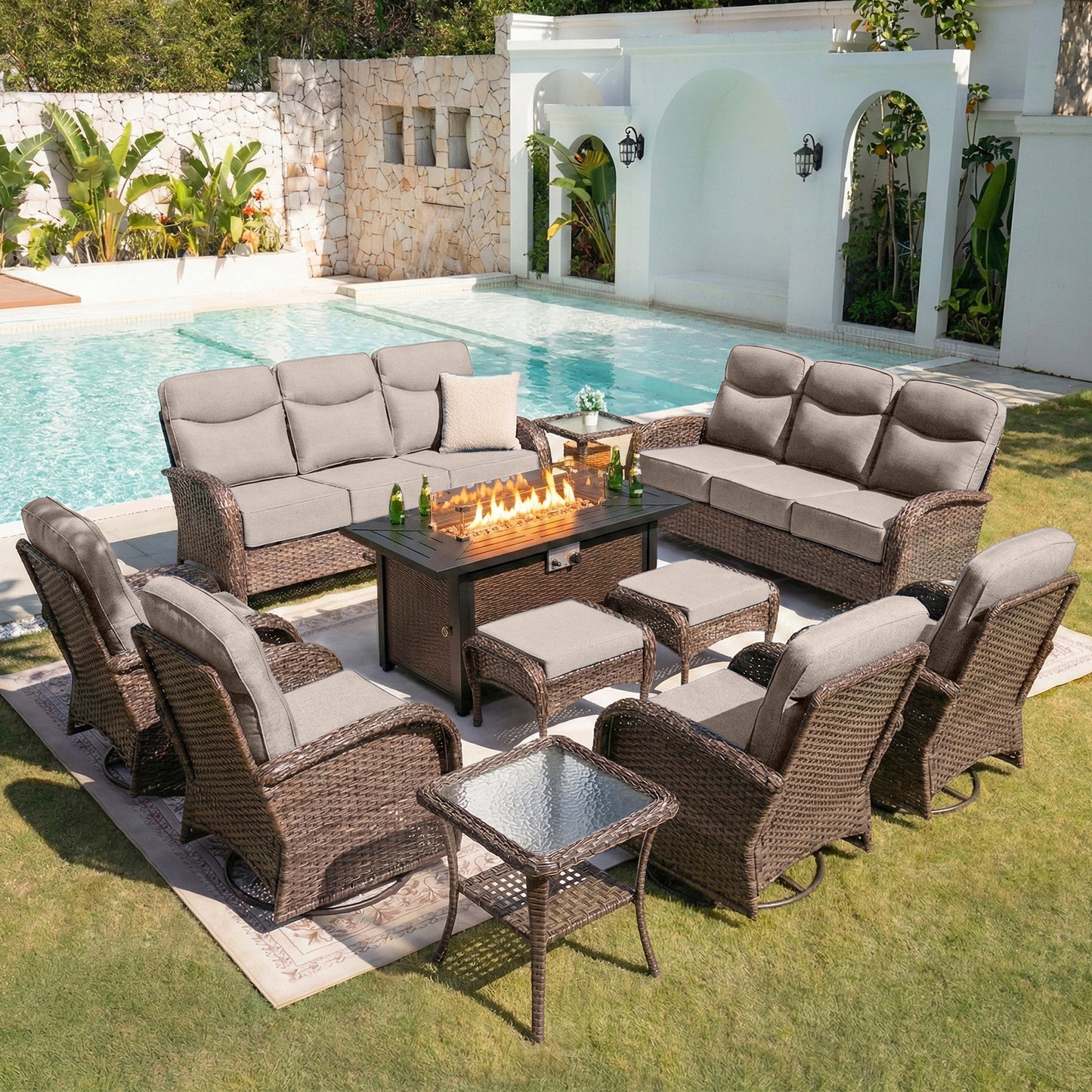 Upgraded 6“ Cushion Luxury 11 Piece Patio Furniture Set with Fire Pit Table