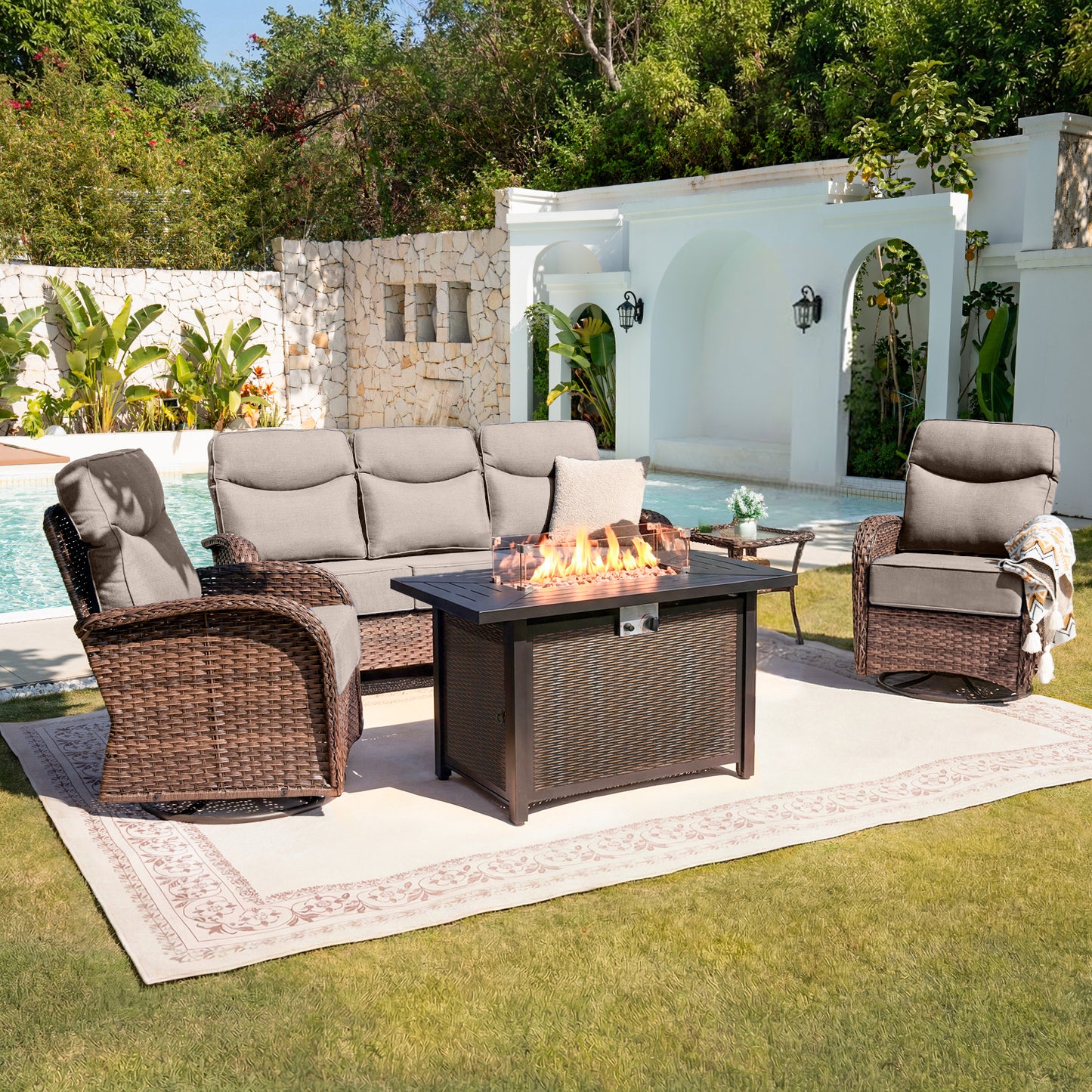 Upgraded 6“ Cushion Luxury 5 Piece Patio Furniture Set with Fire Pit Table