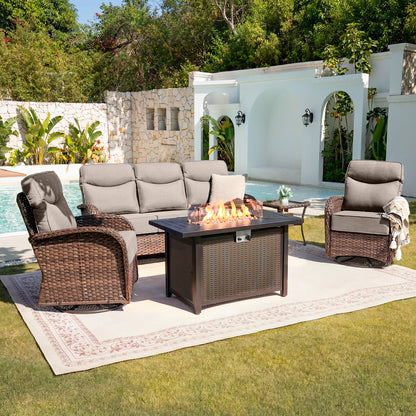 Upgraded 6“ Cushion Luxury 5 Piece Patio Furniture Set with Fire Pit Table