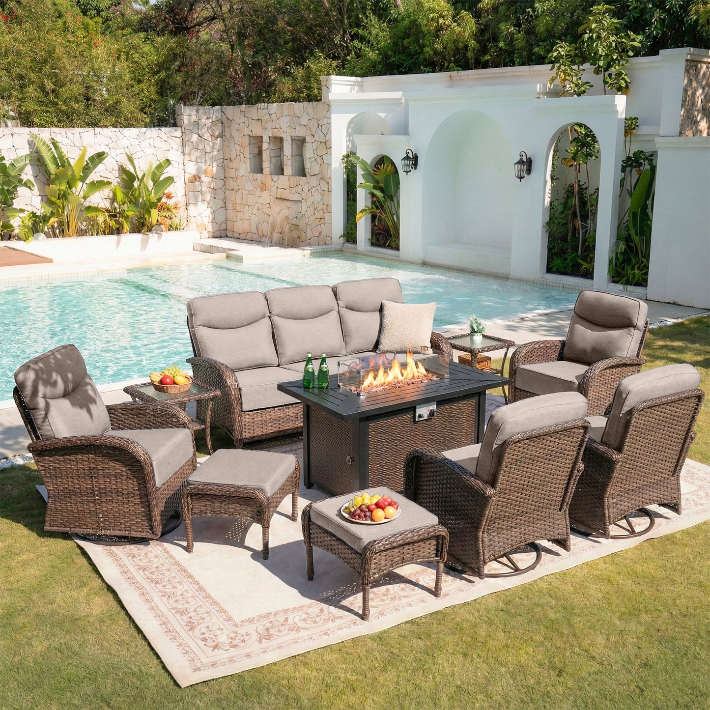 Upgraded 6“ Cushion Luxury 10 Piece Patio Furniture Set with Fire Pit Table