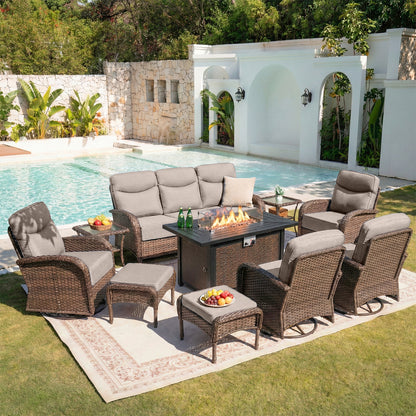 Upgraded 6“ Cushion Luxury 10 Piece Patio Furniture Set with Fire Pit Table