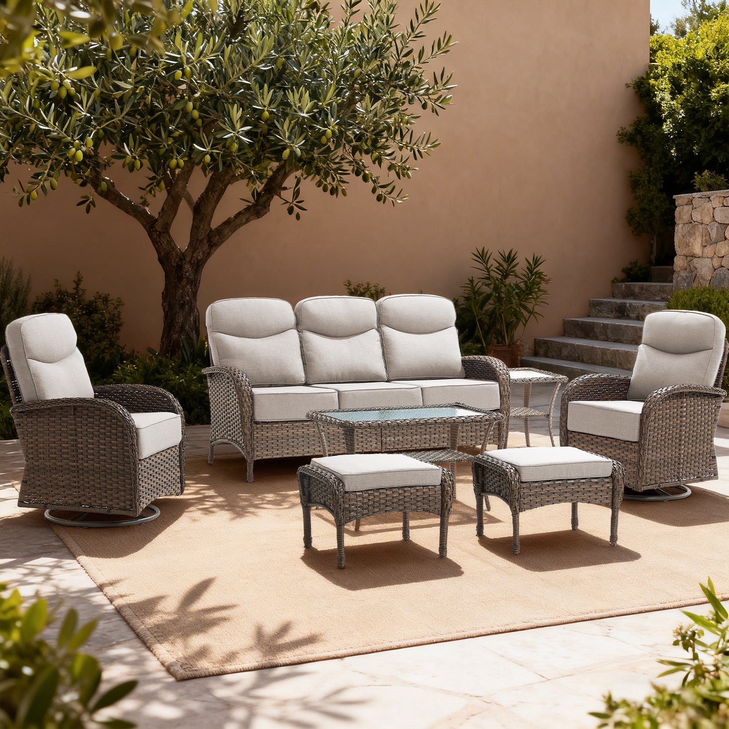 Upgraded 6“ Cushion Luxury Patio Furniture Set - 7 Piece Wicker Furniture Set