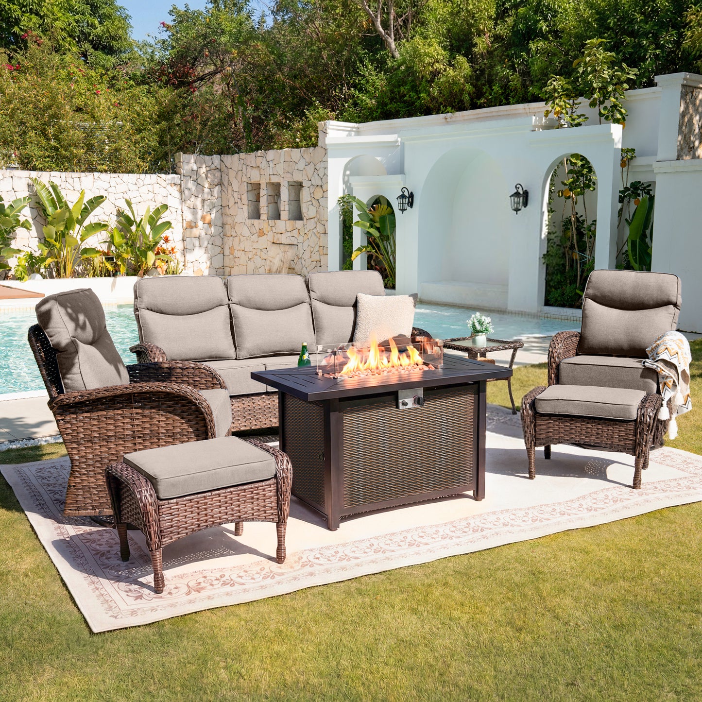 Upgraded 6“ Cushion Luxury 7 Piece Patio Furniture Set with Fire Pit Table