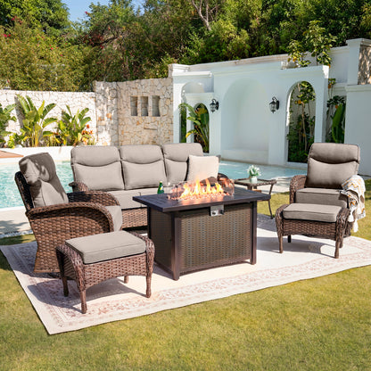 Upgraded 6“ Cushion Luxury 7 Piece Patio Furniture Set with Fire Pit Table