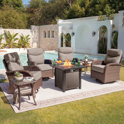 Upgraded 6“ Cushion Luxury 7 Piece Patio Furniture Set with Fire Pit Table