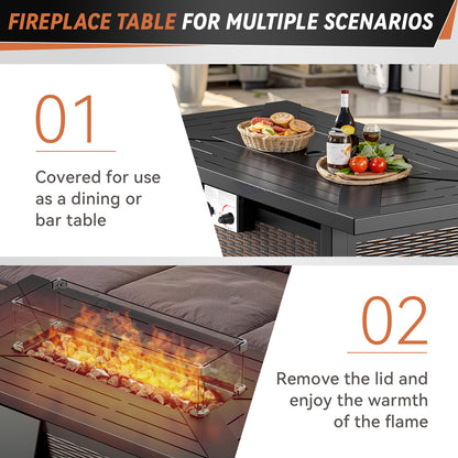 Upgraded 6“ Cushion Luxury 10 Piece Patio Furniture Set with Fire Pit Table
