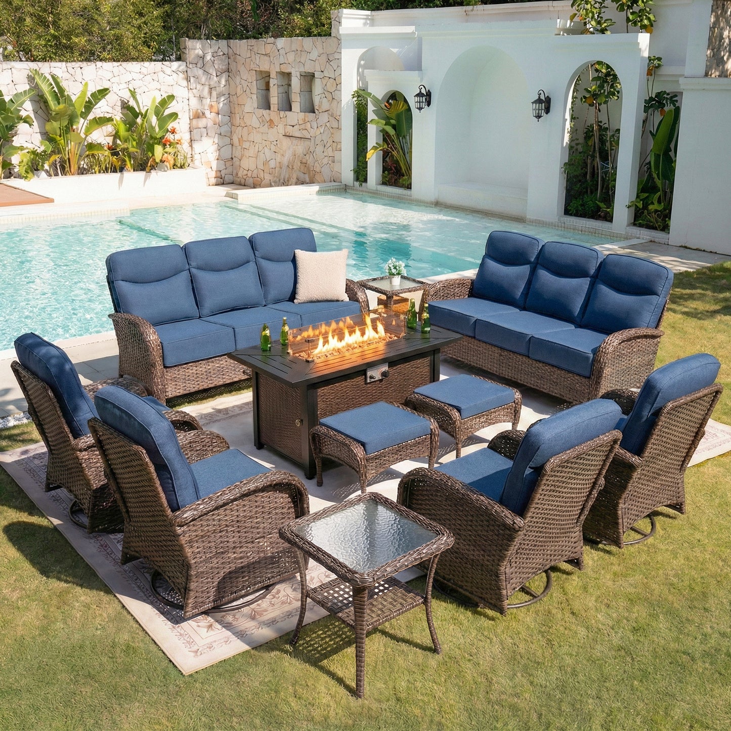 Upgraded 6“ Cushion Luxury 11 Piece Patio Furniture Set with Fire Pit Table