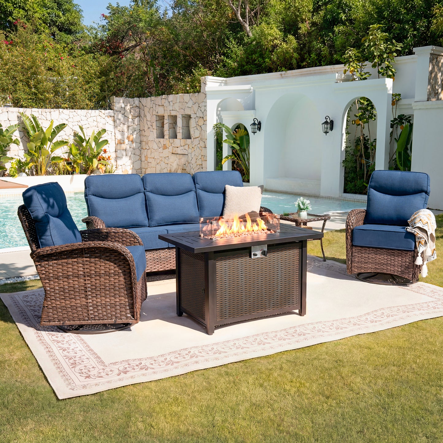 Upgraded 6“ Cushion Luxury 5 Piece Patio Furniture Set with Fire Pit Table