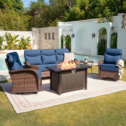 Upgraded 6“ Cushion Luxury 5 Piece Patio Furniture Set with Fire Pit Table