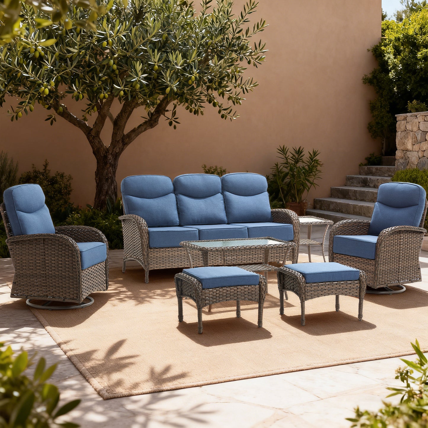 Upgraded 6“ Cushion Luxury Patio Furniture Set - 7 Piece Wicker Furniture Set