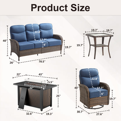 Upgraded 6“ Cushion Luxury 5 Piece Patio Furniture Set with Fire Pit Table