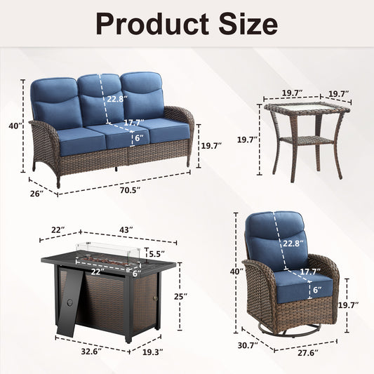 Upgraded 6“ Cushion Luxury 5 Piece Patio Furniture Set with Fire Pit Table