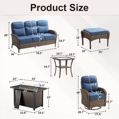 Upgraded 6“ Cushion Luxury 7 Piece Patio Furniture Set with Fire Pit Table