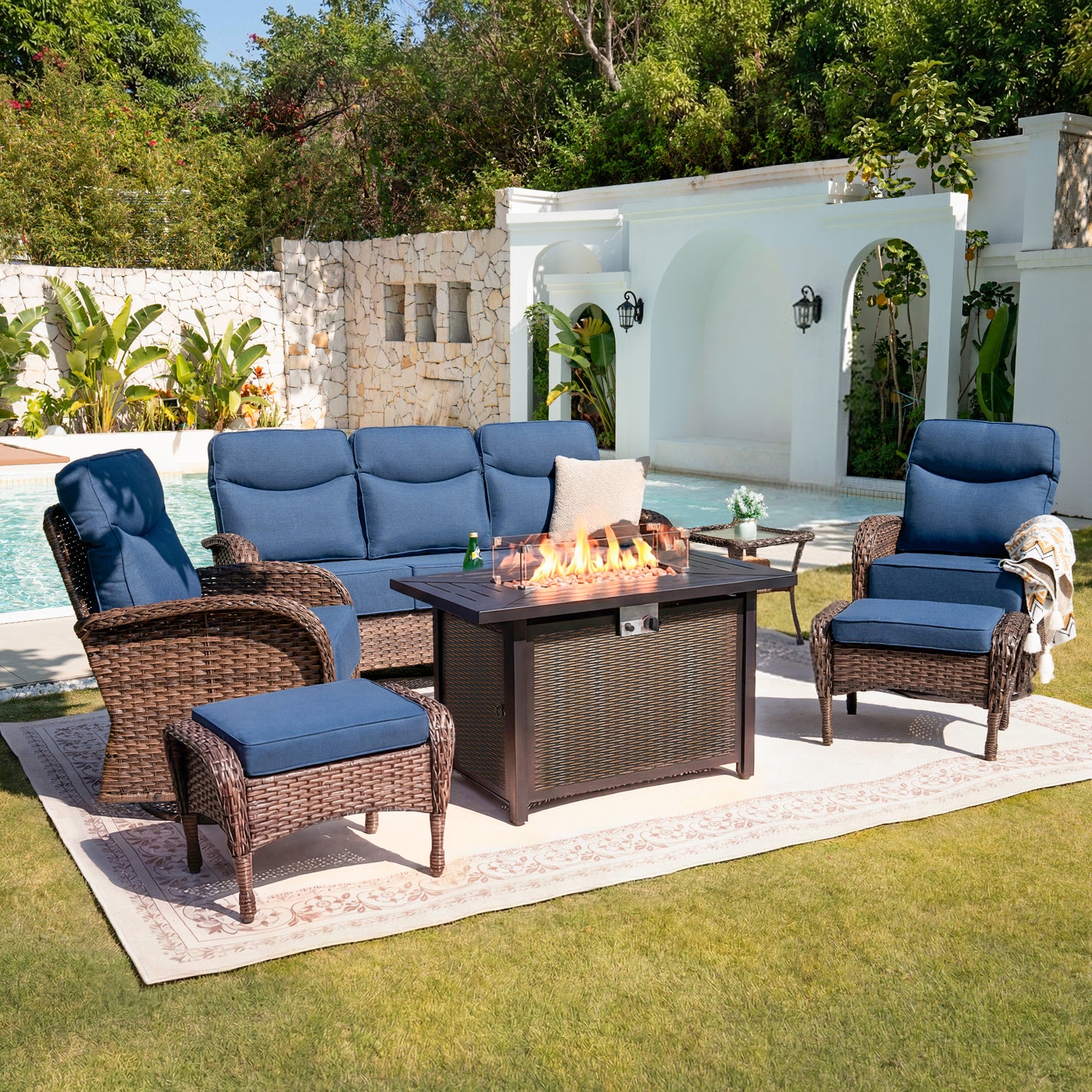 Upgraded 6“ Cushion Luxury 7 Piece Patio Furniture Set with Fire Pit Table
