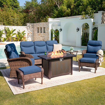 Upgraded 6“ Cushion Luxury 7 Piece Patio Furniture Set with Fire Pit Table