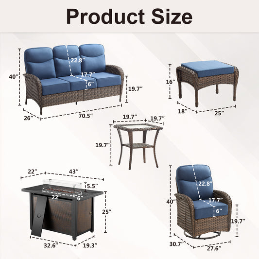 Upgraded 6“ Cushion Luxury 10 Piece Patio Furniture Set with Fire Pit Table