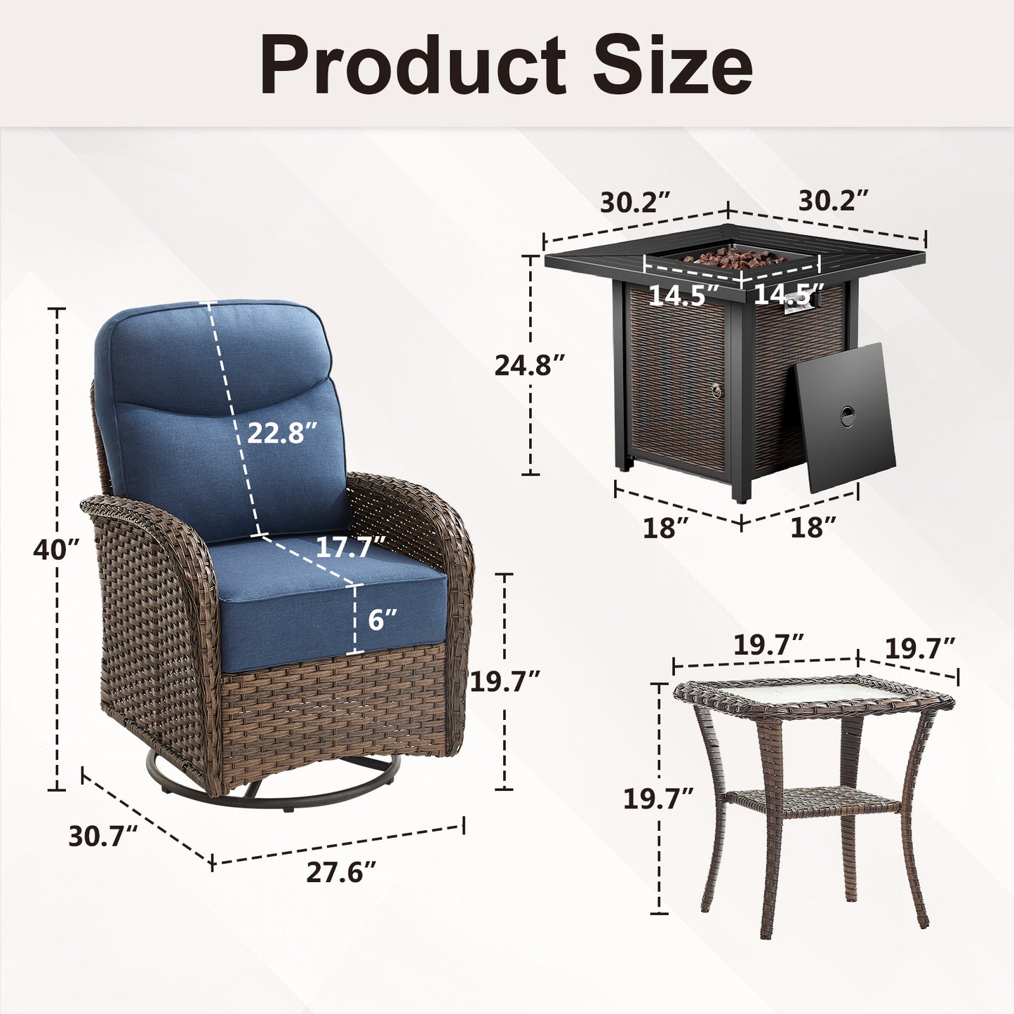 Upgraded 6“ Cushion Luxury 7 Piece Patio Furniture Set with Fire Pit Table