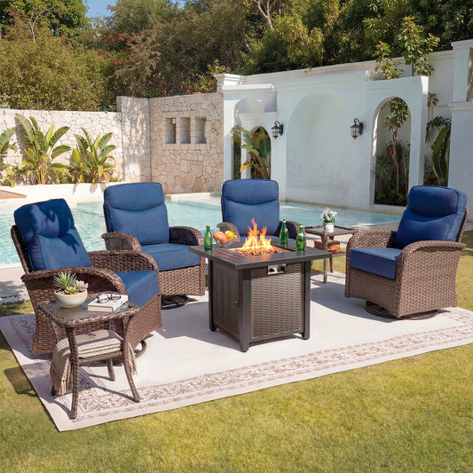 Upgraded 6“ Cushion Luxury 7 Piece Patio Furniture Set with Fire Pit Table