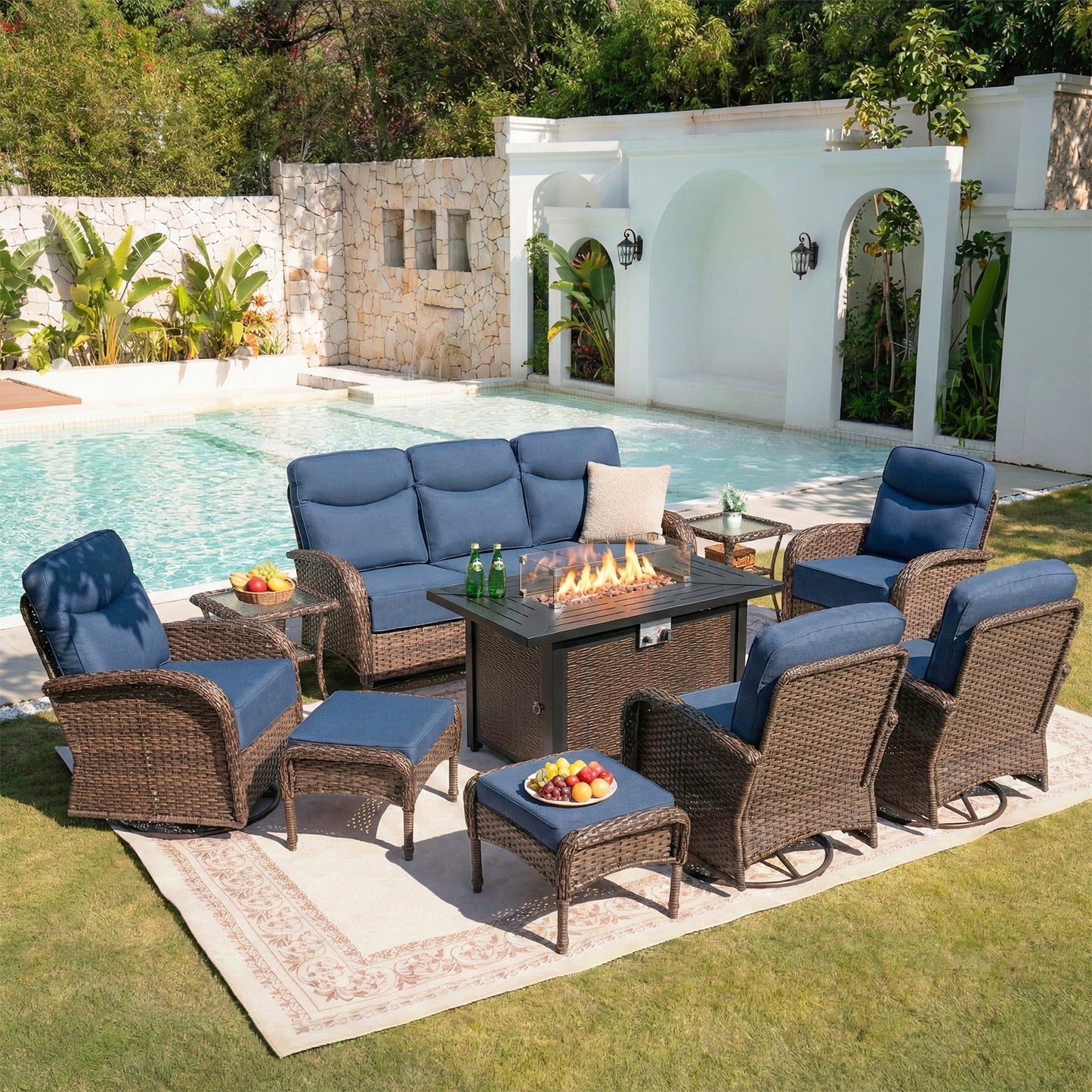 Upgraded 6“ Cushion Luxury 10 Piece Patio Furniture Set with Fire Pit Table