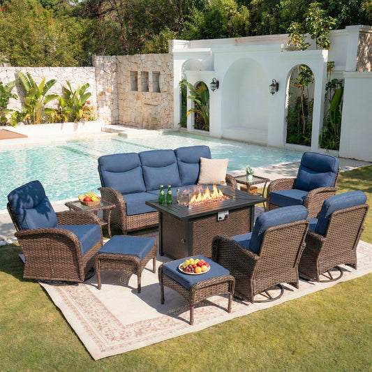 Upgraded 6“ Cushion Luxury 10 Piece Patio Furniture Set with Fire Pit Table