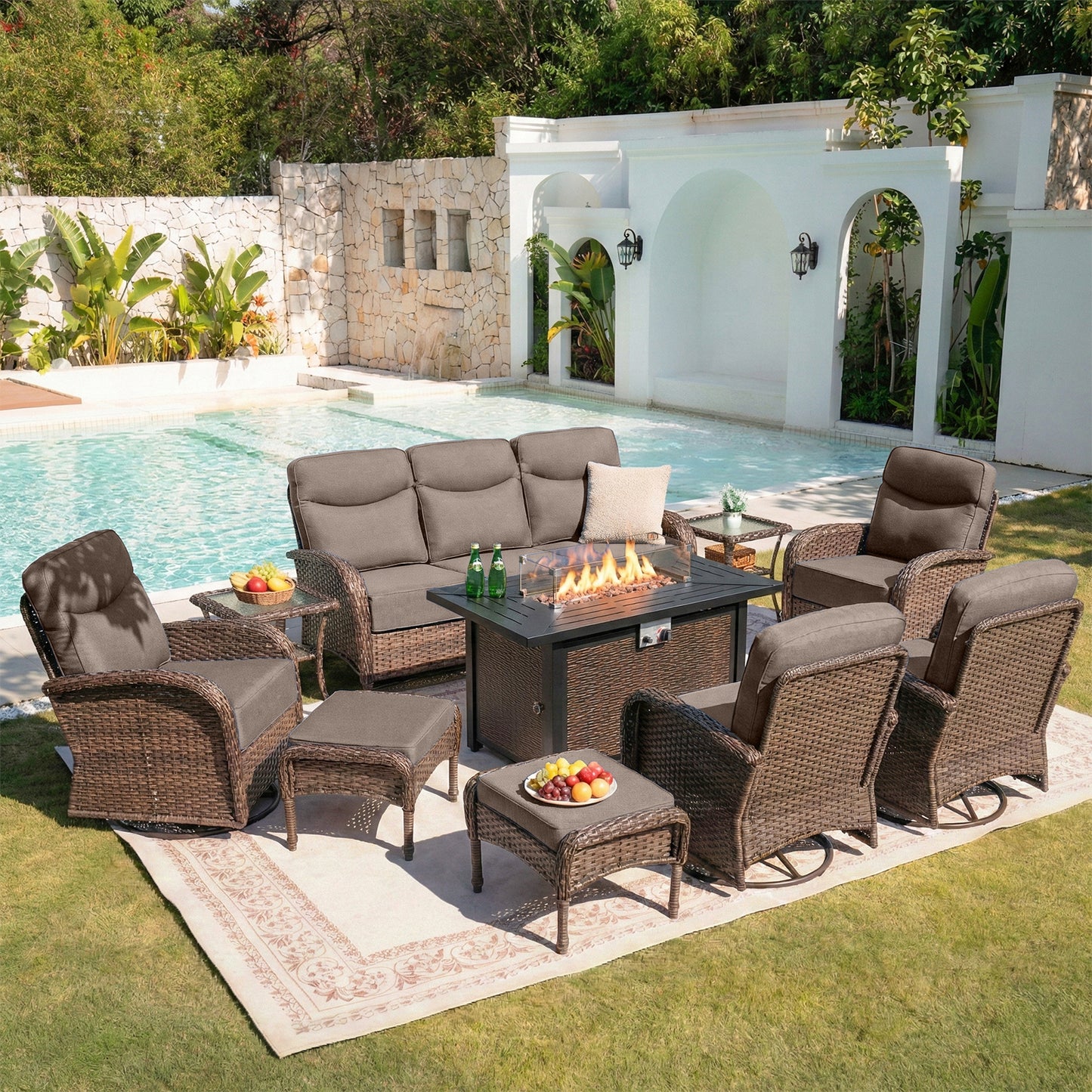 Upgraded 6“ Cushion Luxury 10 Piece Patio Furniture Set with Fire Pit Table
