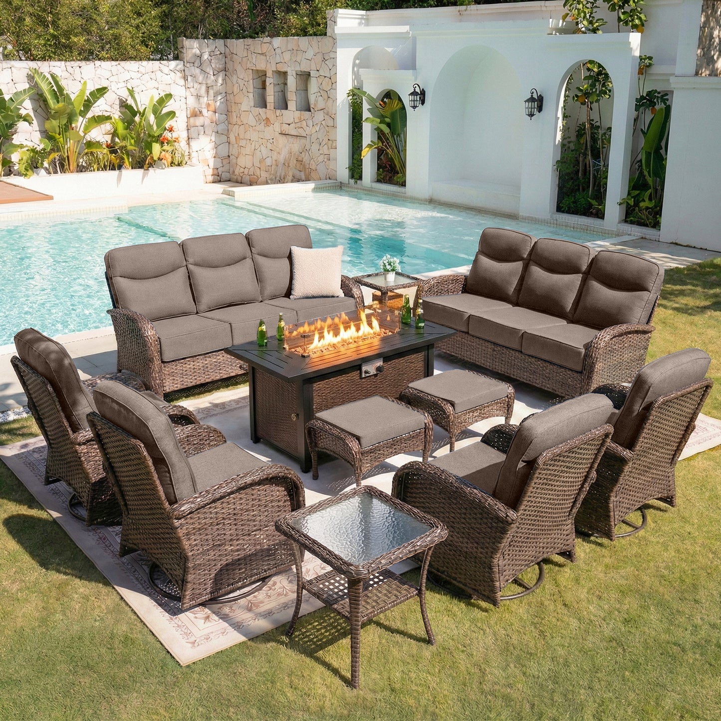 Upgraded 6“ Cushion Luxury 11 Piece Patio Furniture Set with Fire Pit Table