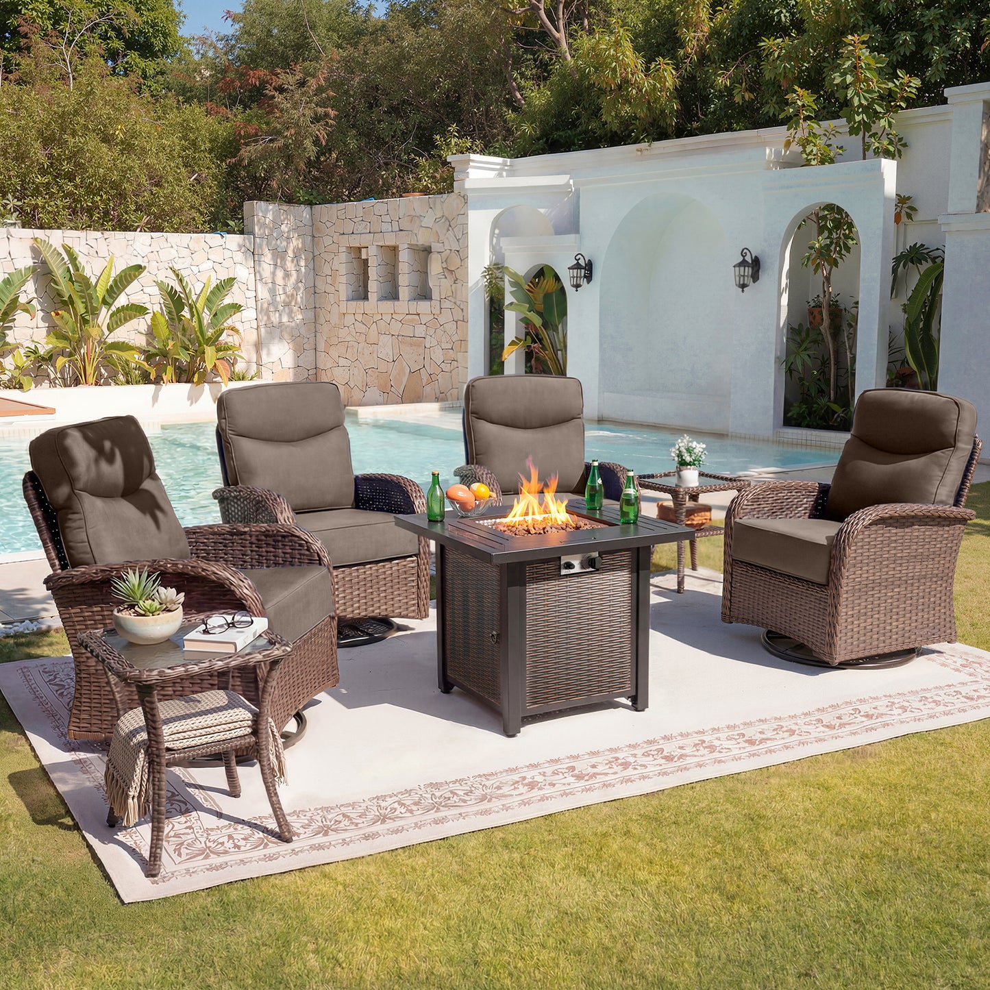 Upgraded 6“ Cushion Luxury 7 Piece Patio Furniture Set with Fire Pit Table