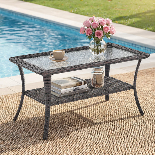 Outdoor Wicker Patio Coffee Table with Double Storage
