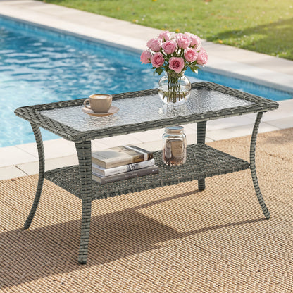 Outdoor Wicker Patio Coffee Table with Double Storage