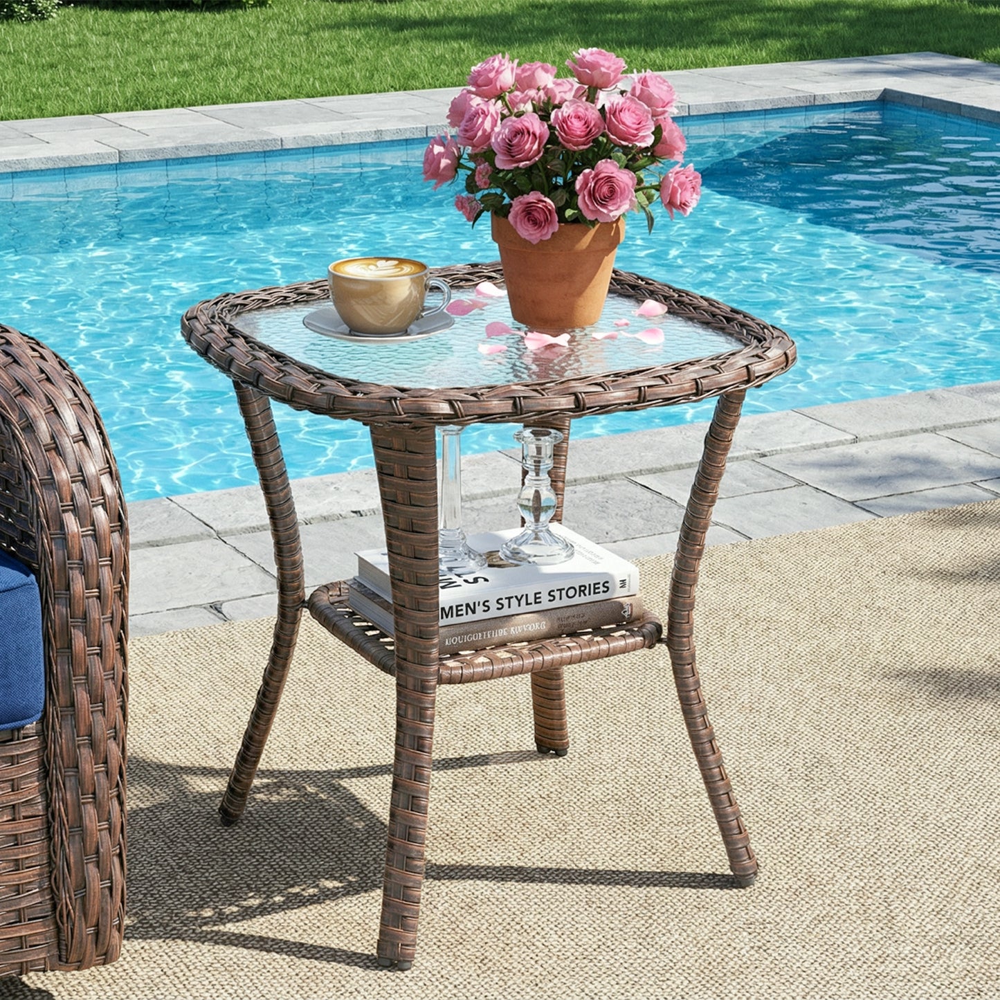 Outdoor Wicker Patio Side Table with Double Storage