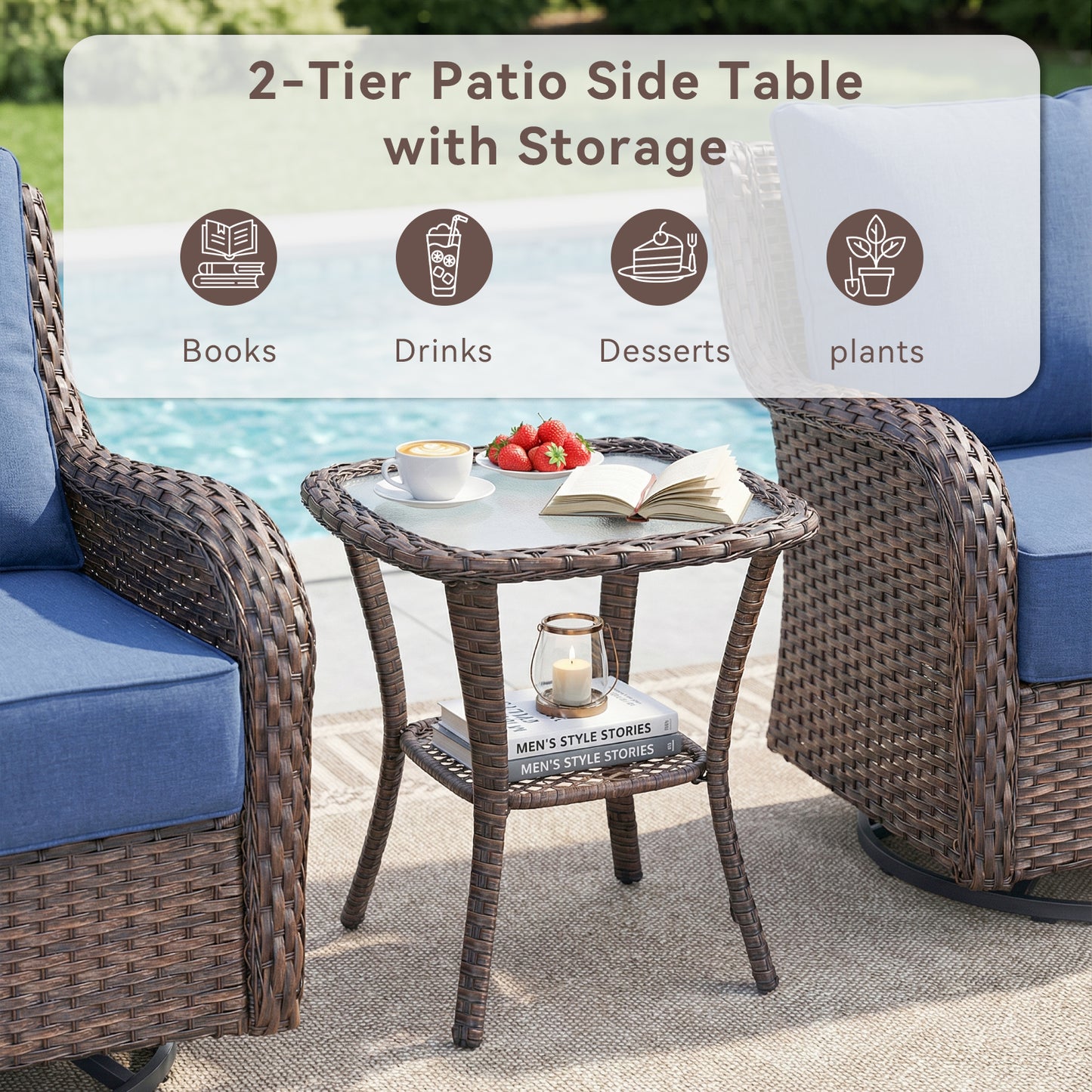 Outdoor Wicker Patio Side Table with Double Storage