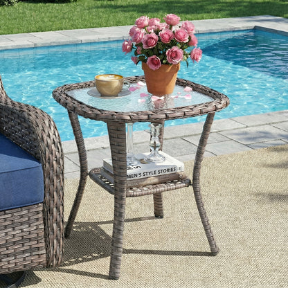 Outdoor Wicker Patio Side Table with Double Storage