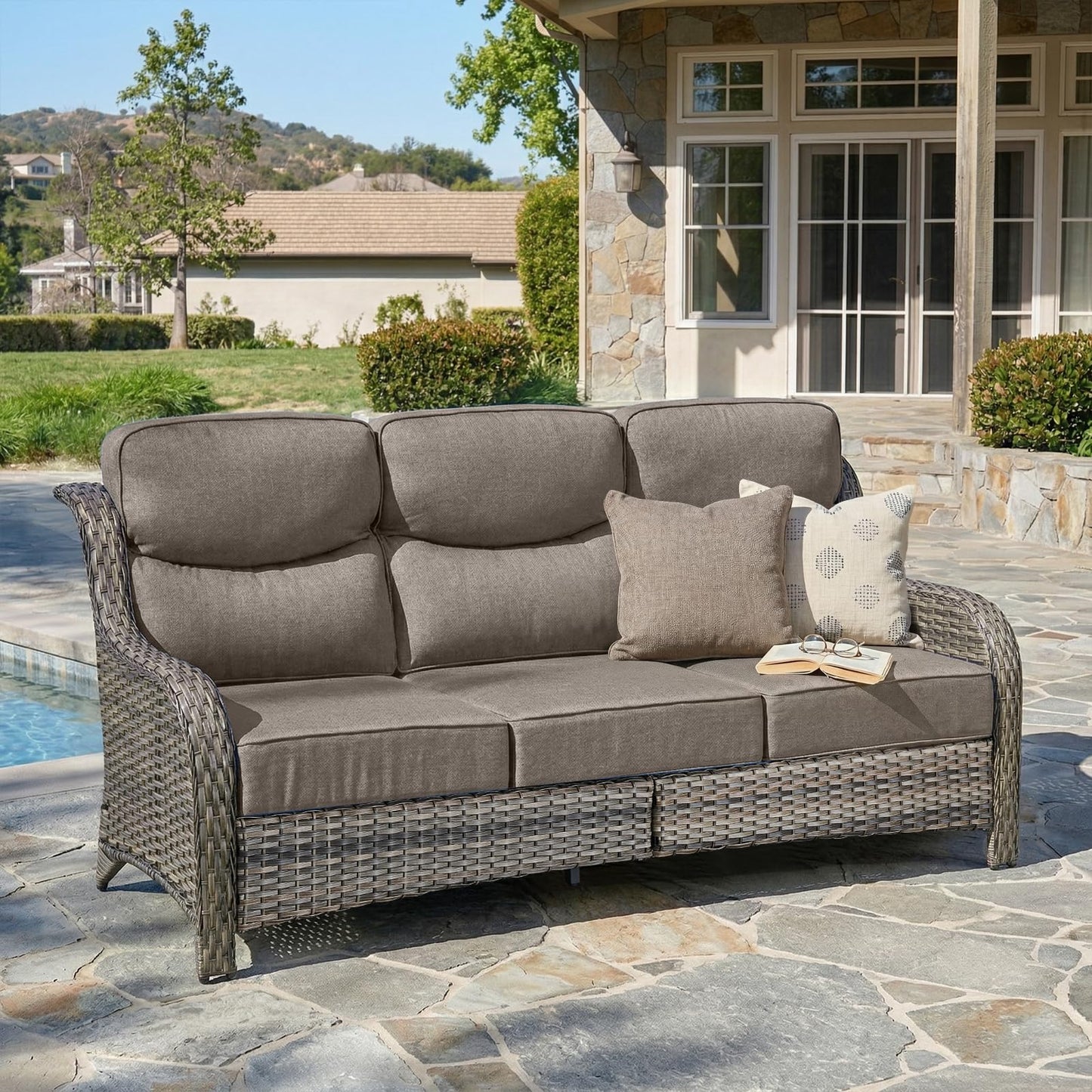 Luxury 6" Thick Cushioned PE Wicker 3-Seater Outdoor Couch