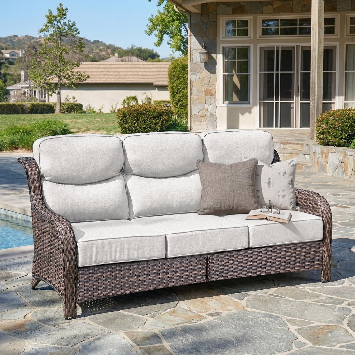 Luxury 6" Thick Cushioned PE Wicker 3-Seater Outdoor Couch