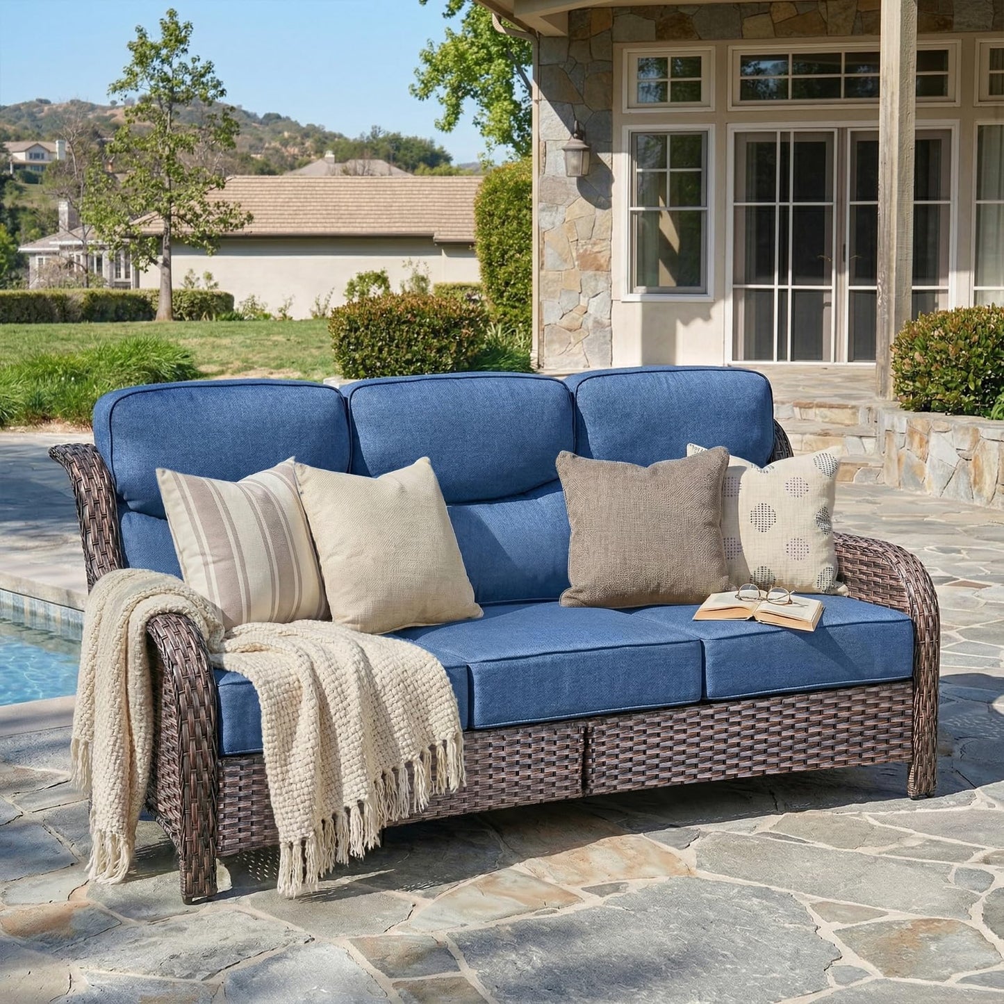 Luxury 6" Thick Cushioned PE Wicker 3-Seater Outdoor Couch