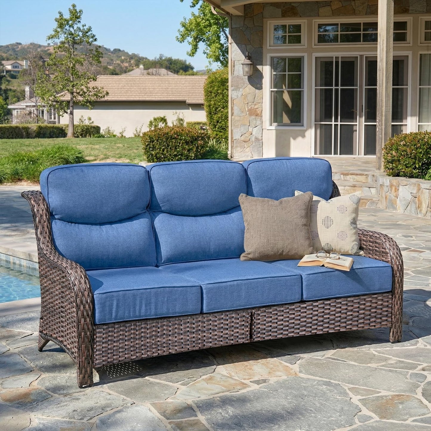 Luxury 6" Thick Cushioned PE Wicker 3-Seater Outdoor Couch