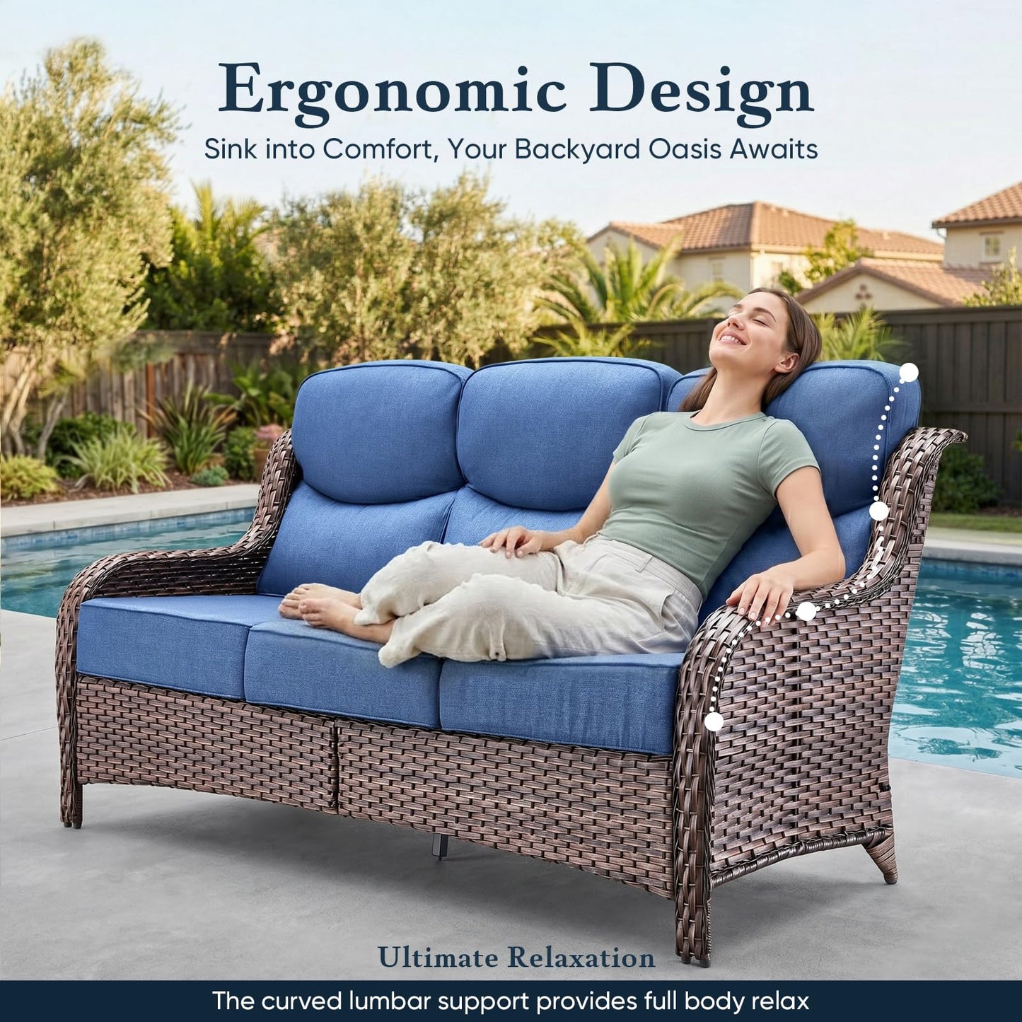 Luxury 6" Thick Cushioned PE Wicker 3-Seater Outdoor Couch