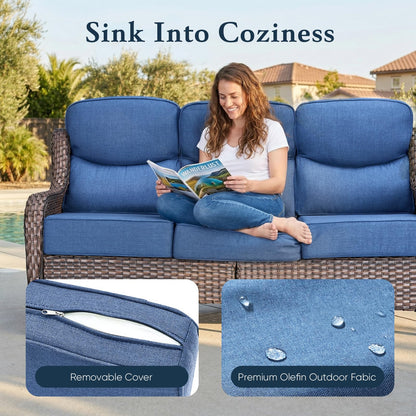 Luxury 6" Thick Cushioned PE Wicker 3-Seater Outdoor Couch