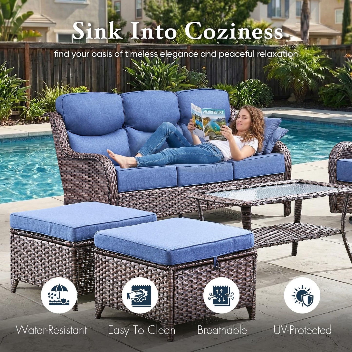 Luxury 6" Thick Cushioned PE Wicker 3-Seater Outdoor Couch